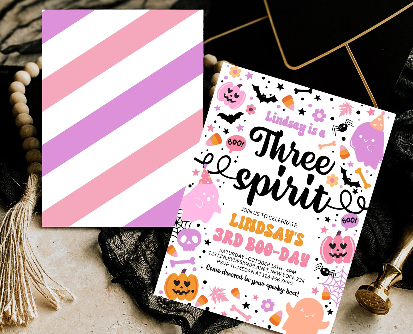 Editable Three Spirit Birthday Invitation, Halloween Third Birthday Invitation, Spooky 3rd Invitation, Halloween Invite Template, PHBP01