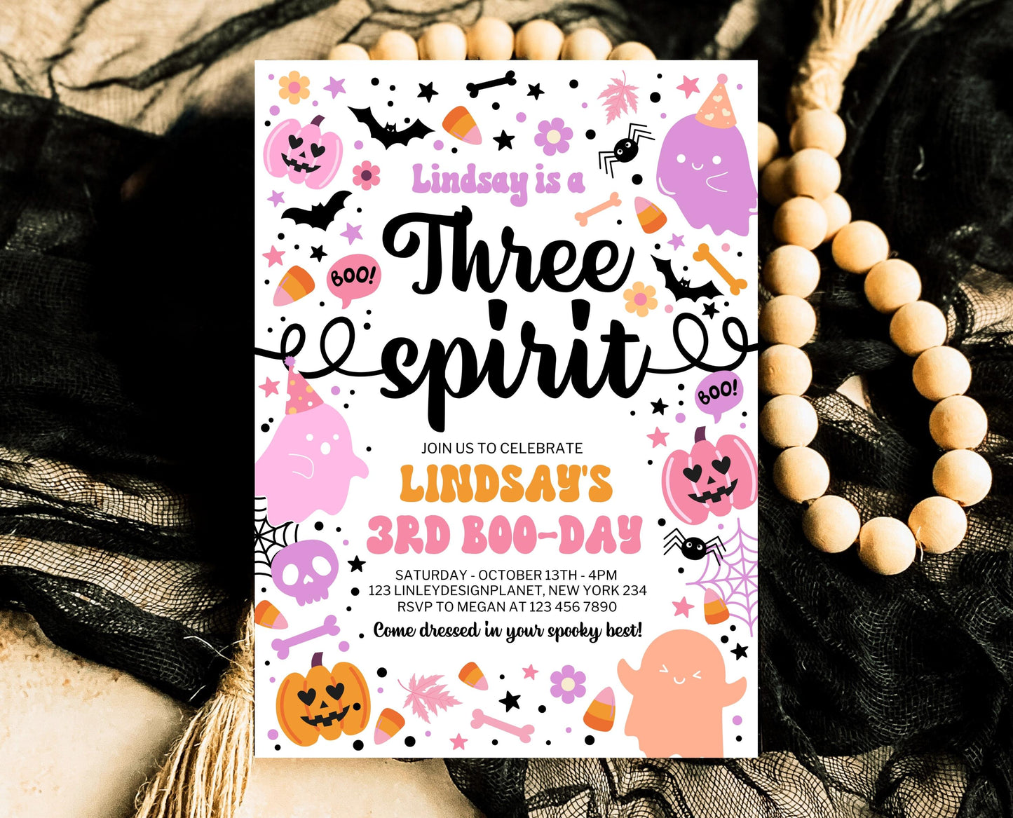 Editable Three Spirit Birthday Invitation, Halloween Third Birthday Invitation, Spooky 3rd Invitation, Halloween Invite Template, PHBP01