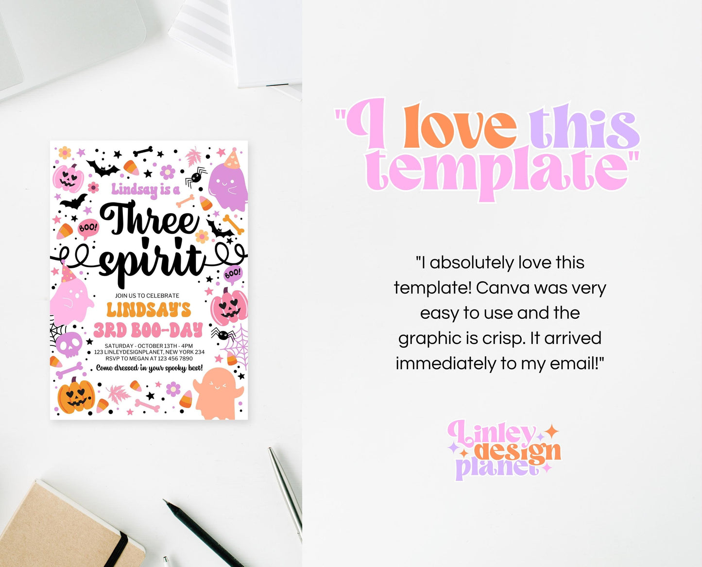 Editable Three Spirit Birthday Invitation, Halloween Third Birthday Invitation, Spooky 3rd Invitation, Halloween Invite Template, PHBP01