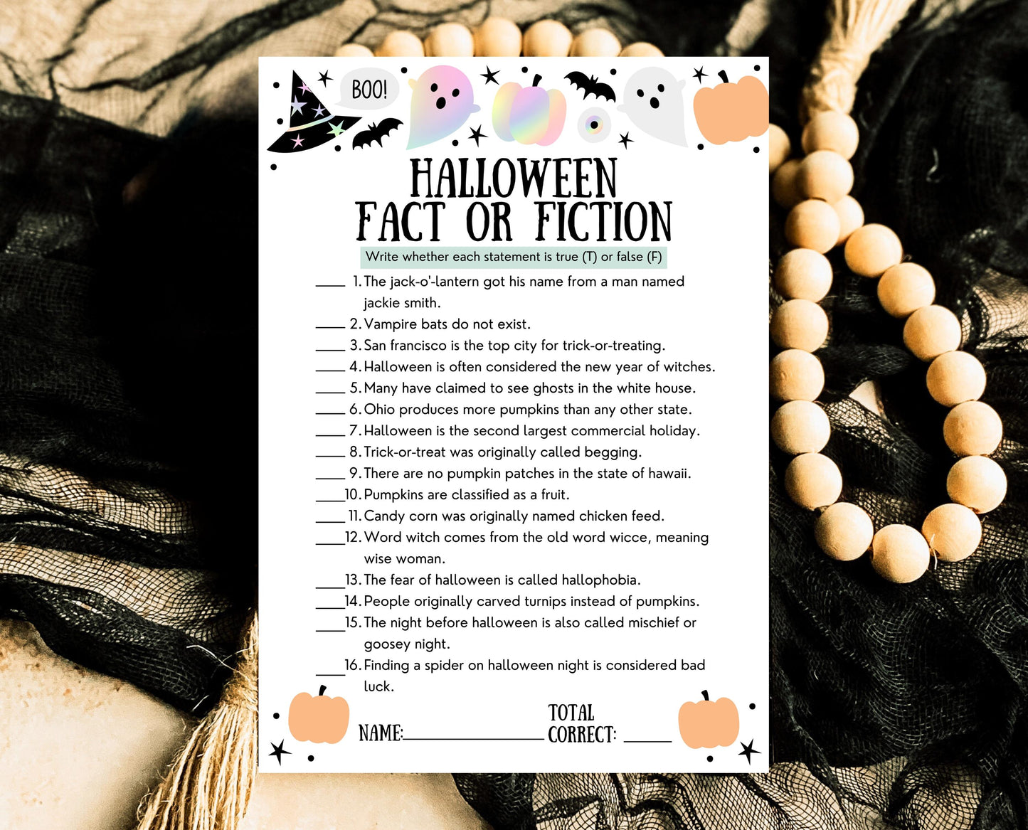 Halloween Fact Or Fiction Game Template, Halloween True Or False, Halloween Party Game, Printable Halloween Family Game, Instant Download