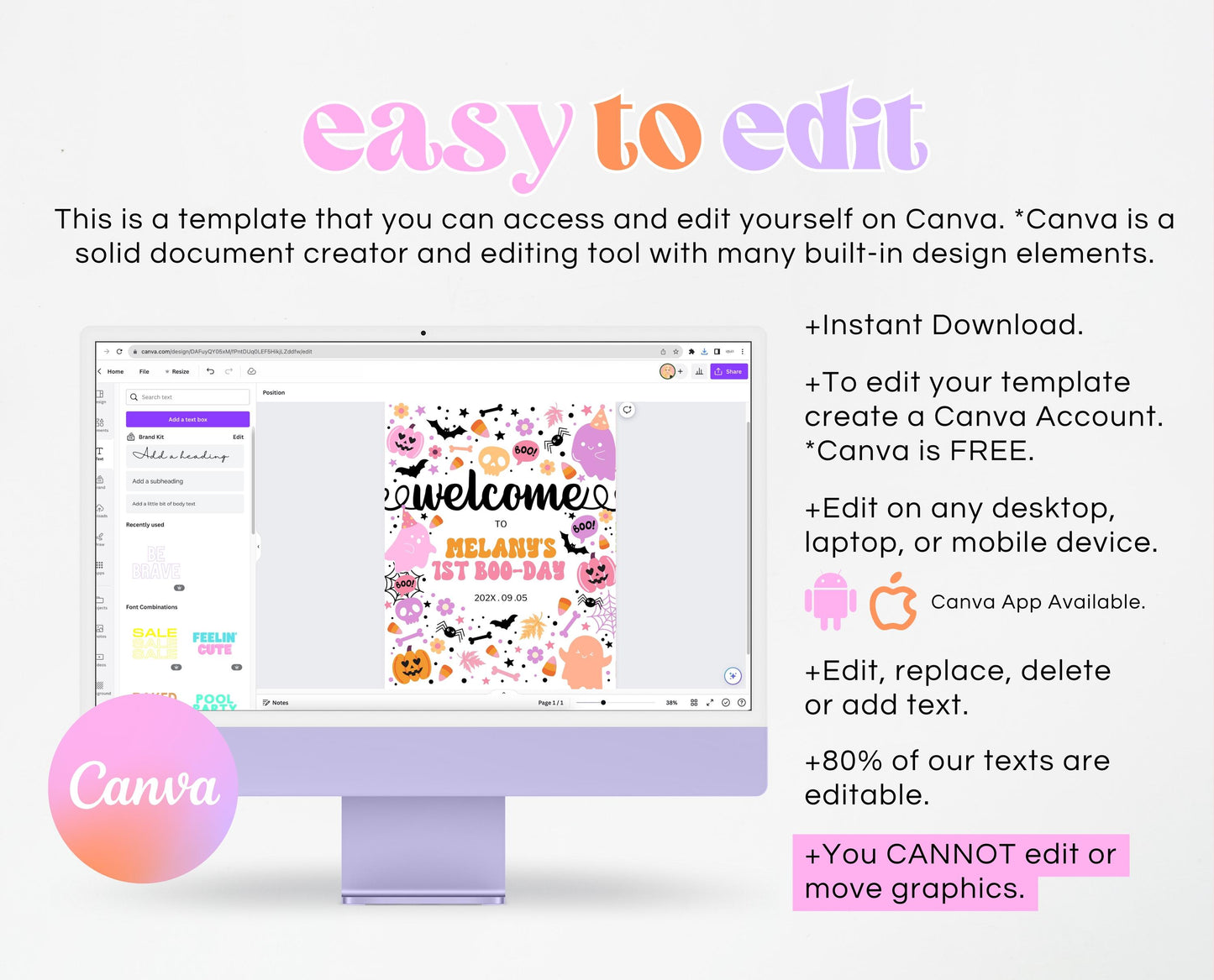 Editable Spooky Birthday Welcome Sign, Halloween Birthday Welcome Poster, Spooky Party Sign, Pink And Purple, Template, Printable, PHBP01