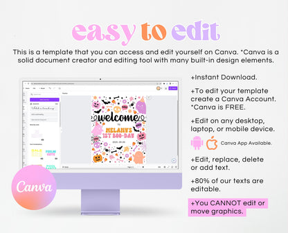 Editable Spooky Birthday Welcome Sign, Halloween Birthday Welcome Poster, Spooky Party Sign, Pink And Purple, Template, Printable, PHBP01