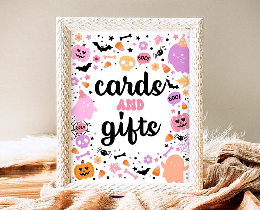 Cards And Gifts Sign Spooky Birthday, Halloween Birthday Decor Sign, Spooky Party Sign, Pink And Purple Halloween Decor, Printable, PHBP01