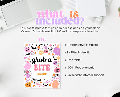 Grab A Bite Sign Spooky Birthday, Halloween Birthday Food Sign, Spooky Party Sign, Pink And Purple Halloween Decor, Printable, PHBP01