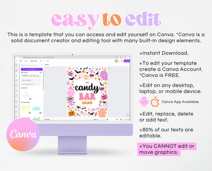 Candy Bar Sign Spooky Birthday, Halloween Birthday Candy Sign, Spooky Party Sign, Pink And Purple Halloween Decor, Printable, PHBP01