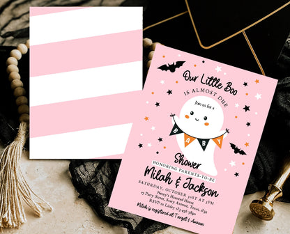 Editable Halloween Girl Baby Shower Invitation, A Little Boo Is Almost Due Baby Shower Invitation, Halloween Ghost Baby Shower Template