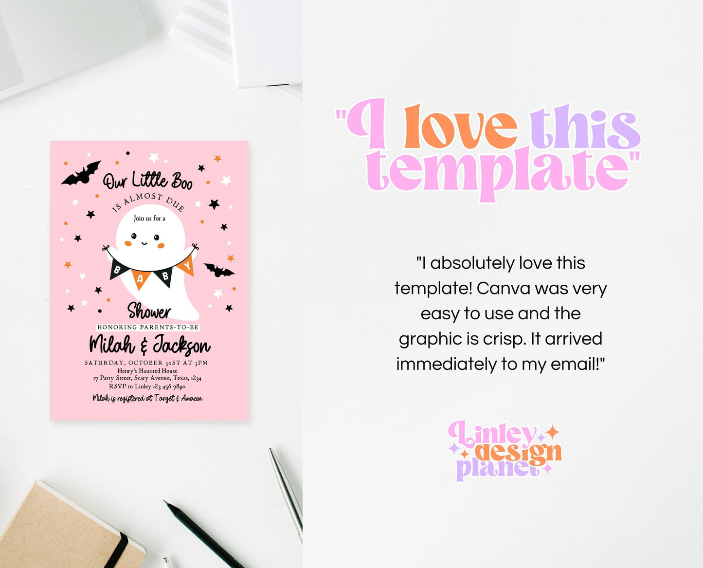 Editable Halloween Girl Baby Shower Invitation, A Little Boo Is Almost Due Baby Shower Invitation, Halloween Ghost Baby Shower Template