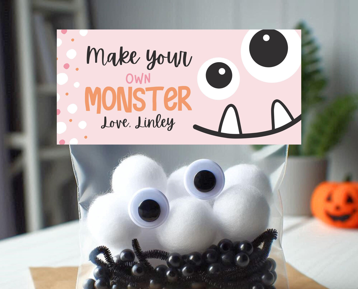 Editable Build A Monster Bag Topper, Build A Monster Favor Tag, Trick or Treat Kids School Gift, Pink Monster Bag Label, Template, Printable