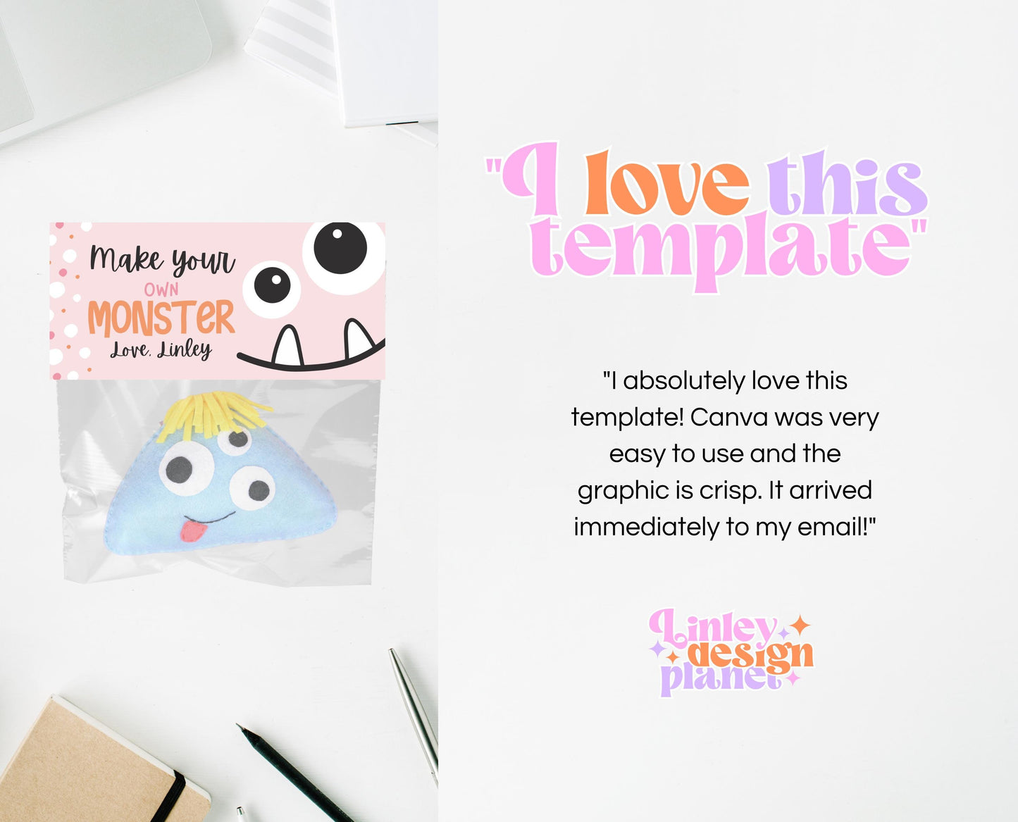 Editable Build A Monster Bag Topper, Build A Monster Favor Tag, Trick or Treat Kids School Gift, Pink Monster Bag Label, Template, Printable