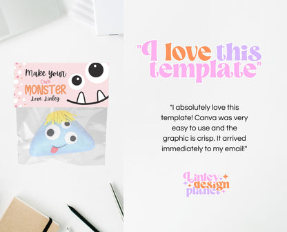 Editable Build A Monster Bag Topper, Build A Monster Favor Tag, Trick or Treat Kids School Gift, Pink Monster Bag Label, Template, Printable