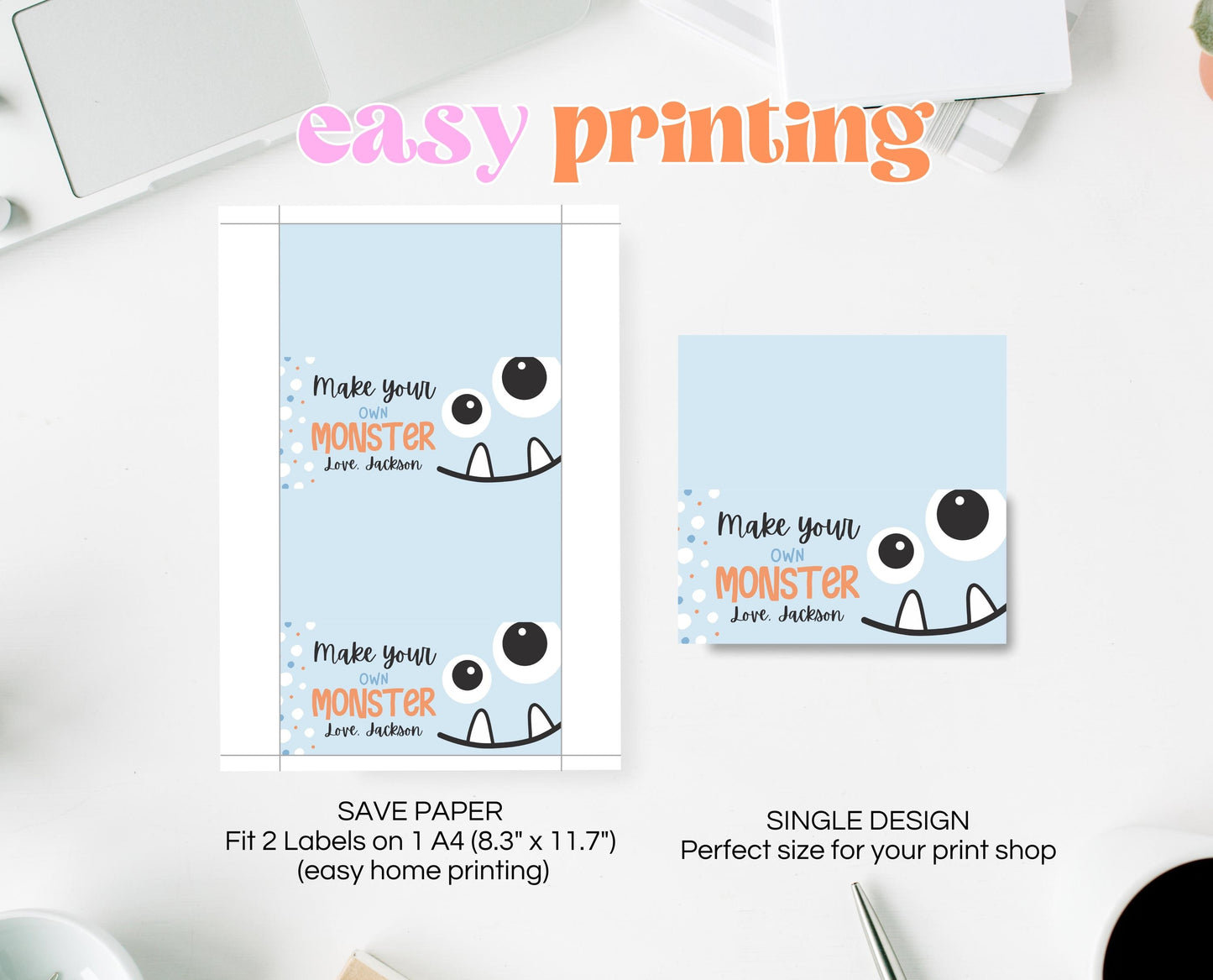 Editable Build A Monster Bag Topper, Build A Monster Favor Tag, Trick or Treat Kids School Gift, Blue Monster Bag Label, Template, Printable