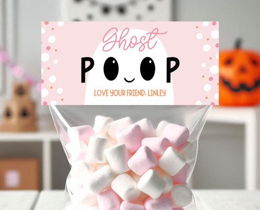 Editable Ghost Poop Bag Topper, Pink Girl Ghost Favor Tag, Trick or Treat Kids School Gift, Pink Marshmallows Bag Label, Template, Printable