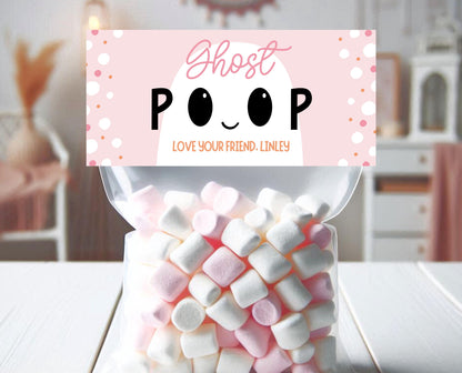 Editable Ghost Poop Bag Topper, Pink Girl Ghost Favor Tag, Trick or Treat Kids School Gift, Pink Marshmallows Bag Label, Template, Printable