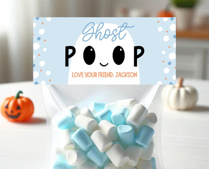 Editable Ghost Poop Bag Topper, Blue Boy Ghost Favor Tag, Trick or Treat Kids School Gift, Blue Marshmallows Bag Label, Template, Printable