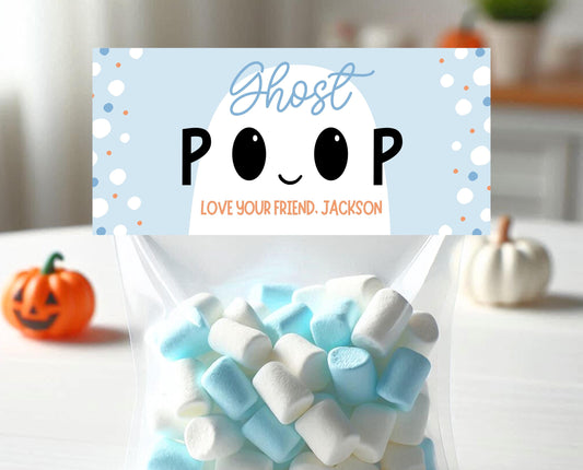 Editable Ghost Poop Bag Topper, Blue Boy Ghost Favor Tag, Trick or Treat Kids School Gift, Blue Marshmallows Bag Label, Template, Printable