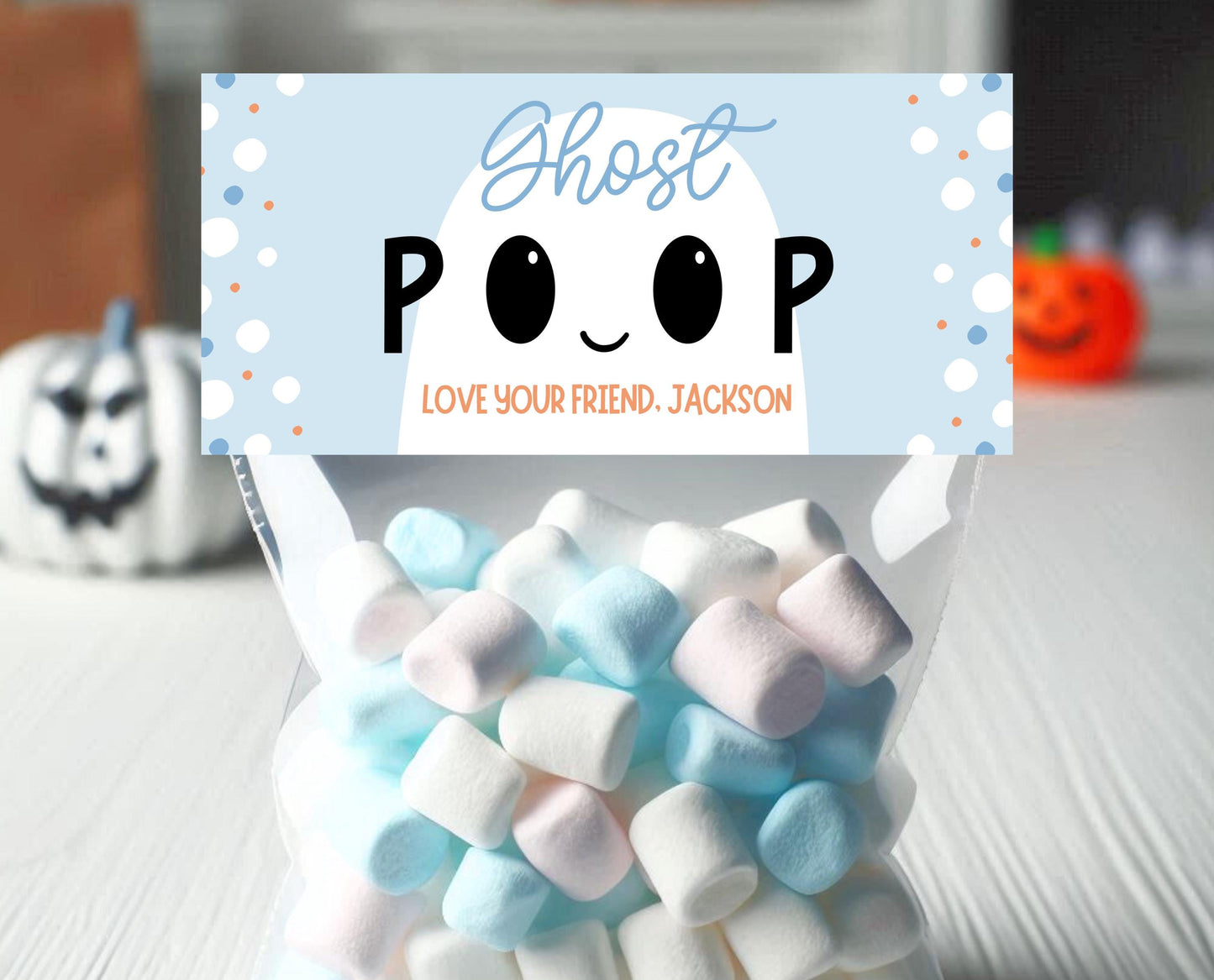 Editable Ghost Poop Bag Topper, Blue Boy Ghost Favor Tag, Trick or Treat Kids School Gift, Blue Marshmallows Bag Label, Template, Printable