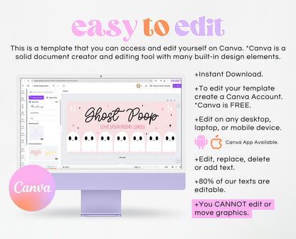 Editable Ghost Poop Bag Topper, Pink Girl Ghost Favor Tag, Trick or Treat Kids School Gift, Pink Marshmallows Bag Label, Template, Printable
