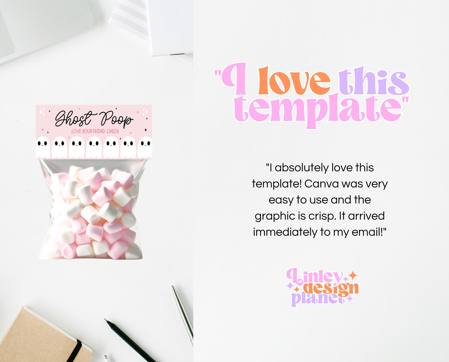 Editable Ghost Poop Bag Topper, Pink Girl Ghost Favor Tag, Trick or Treat Kids School Gift, Pink Marshmallows Bag Label, Template, Printable