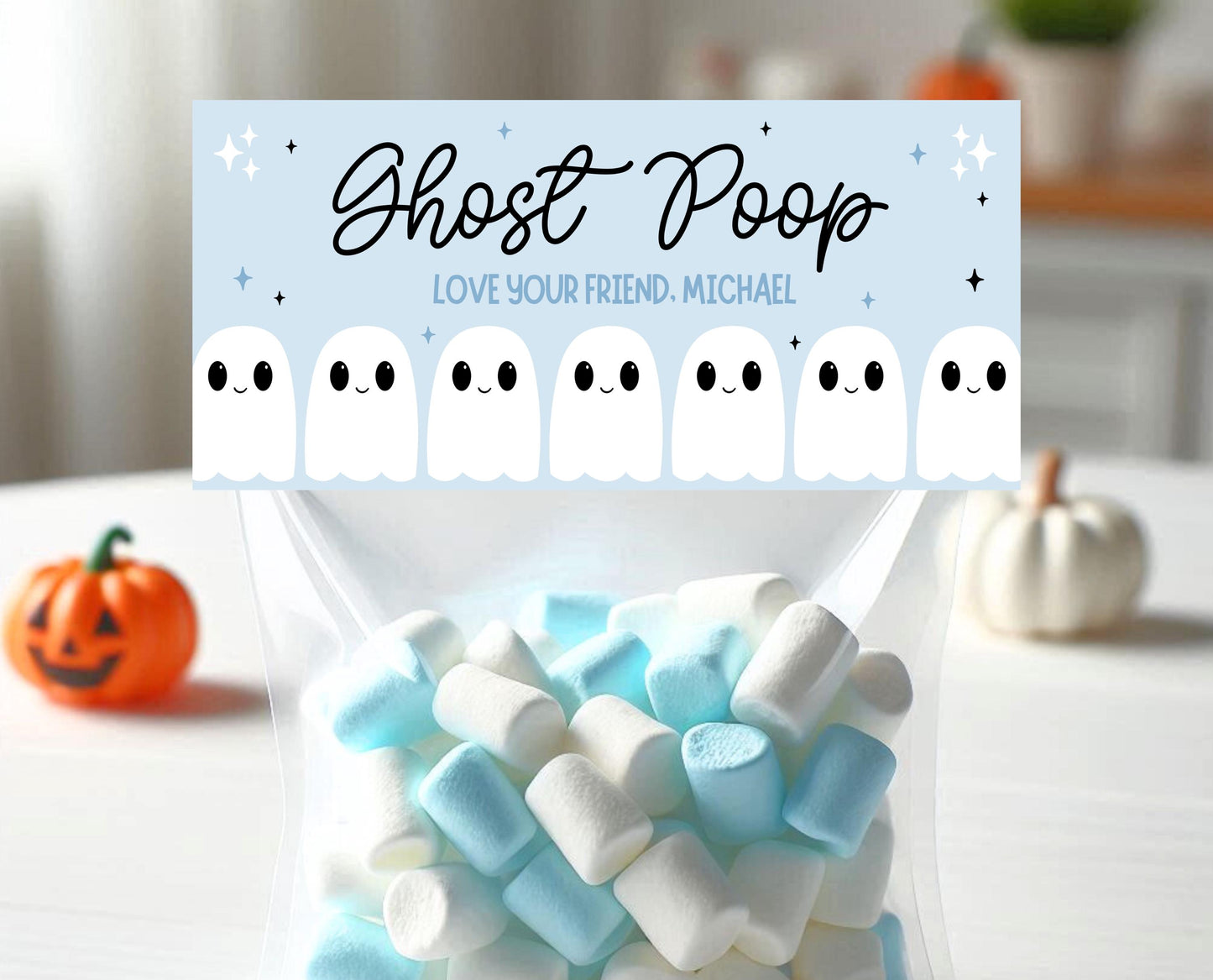 Editable Ghost Poop Bag Topper, Blue Boy Ghost Favor Tag, Trick or Treat Kids School Gift, Blue Marshmallows Bag Label, Template, Printable
