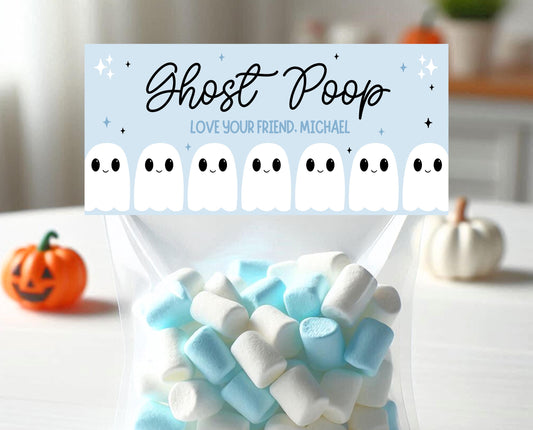 Editable Ghost Poop Bag Topper, Blue Boy Ghost Favor Tag, Trick or Treat Kids School Gift, Blue Marshmallows Bag Label, Template, Printable