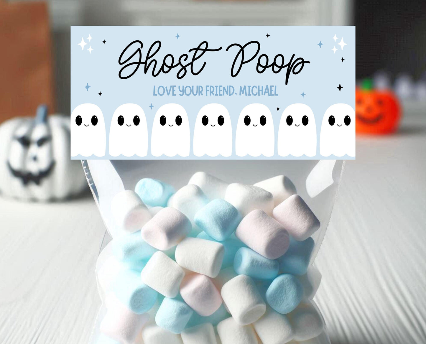 Editable Ghost Poop Bag Topper, Blue Boy Ghost Favor Tag, Trick or Treat Kids School Gift, Blue Marshmallows Bag Label, Template, Printable