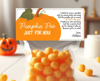Editable Pumpkin Poop Bag Topper, Halloween Favor Tag, Trick or Treat Kids School Gift, Chip Bag Label, Pumpkin Bag, Template, Printable