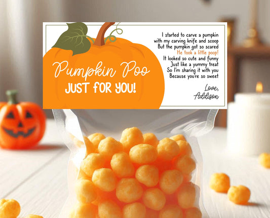 Editable Pumpkin Poop Bag Topper, Halloween Favor Tag, Trick or Treat Kids School Gift, Chip Bag Label, Pumpkin Bag, Template, Printable