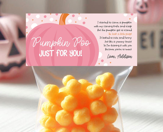 Editable Pumpkin Poop Bag Topper, Halloween Favor Tag, Trick or Treat Kids School Gift, Chip Bag, Pink Pumpkin Bag, Template, Printable