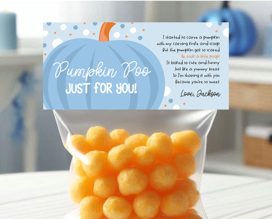 Editable Pumpkin Poop Bag Topper, Halloween Favor Tag, Trick or Treat Kids School Gift, Chip Bag, Blue Pumpkin Bag, Template, Printable