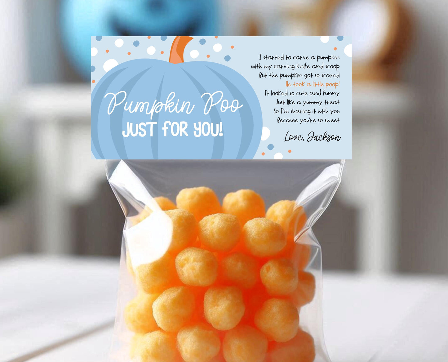 Editable Pumpkin Poop Bag Topper, Halloween Favor Tag, Trick or Treat Kids School Gift, Chip Bag, Blue Pumpkin Bag, Template, Printable