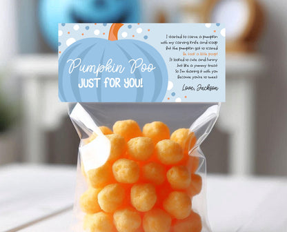 Editable Pumpkin Poop Bag Topper, Halloween Favor Tag, Trick or Treat Kids School Gift, Chip Bag, Blue Pumpkin Bag, Template, Printable