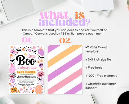 Editable Pink Halloween Baby Shower Invitation, A Little Boo Is Almost Due Baby Shower Invitation, Halloween Baby Shower Template