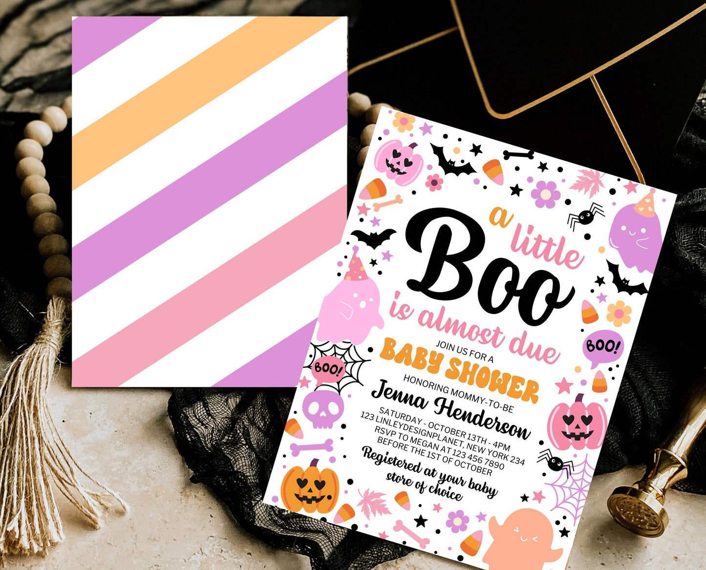 Editable Pink Halloween Baby Shower Invitation, A Little Boo Is Almost Due Baby Shower Invitation, Halloween Baby Shower Template