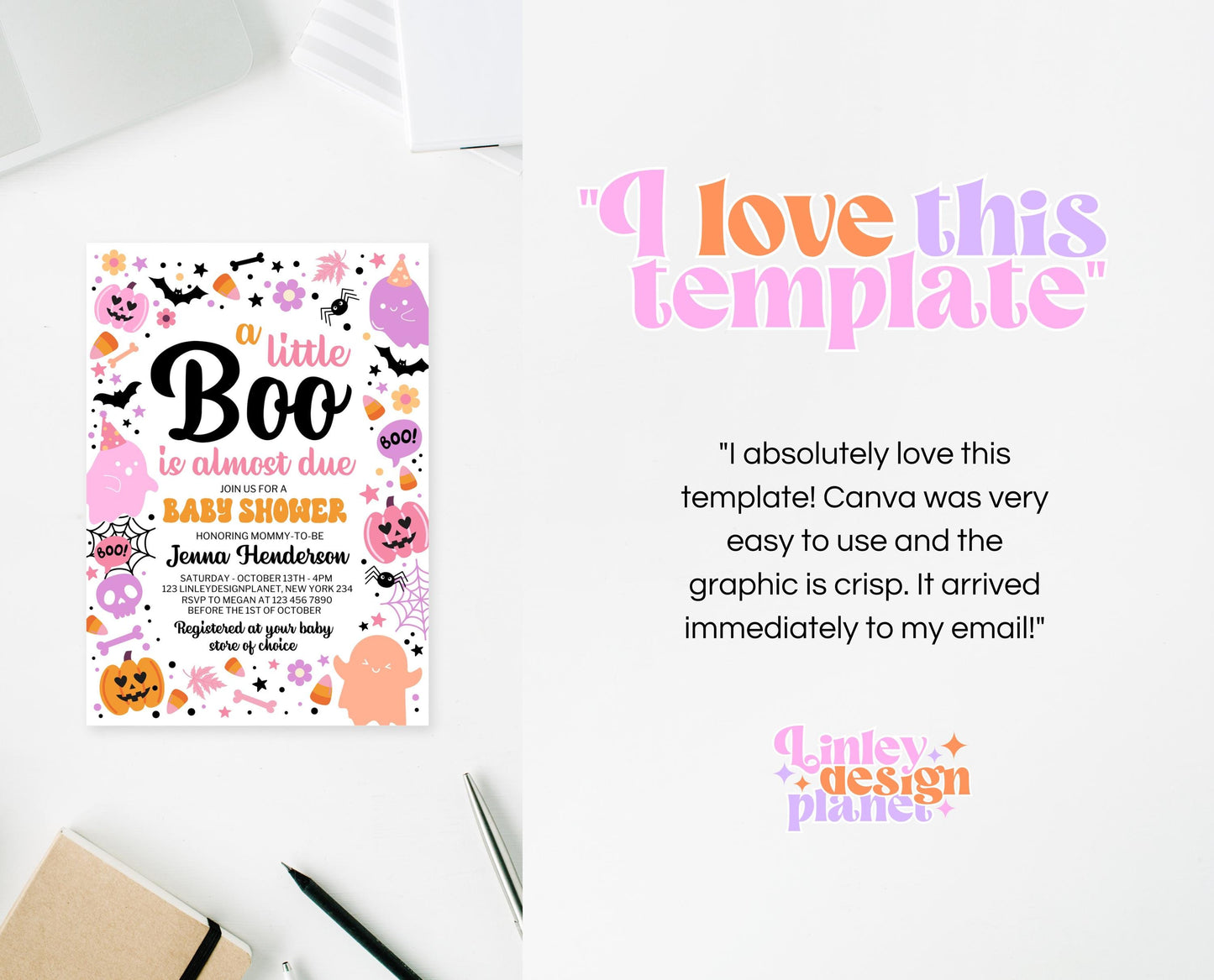 Editable Pink Halloween Baby Shower Invitation, A Little Boo Is Almost Due Baby Shower Invitation, Halloween Baby Shower Template