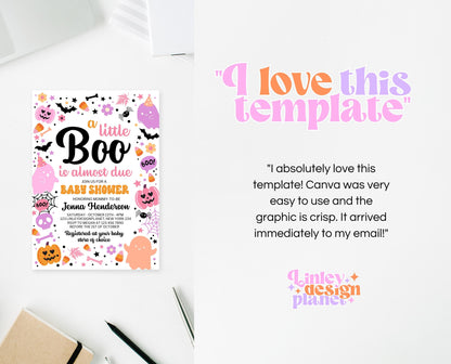 Editable Pink Halloween Baby Shower Invitation, A Little Boo Is Almost Due Baby Shower Invitation, Halloween Baby Shower Template
