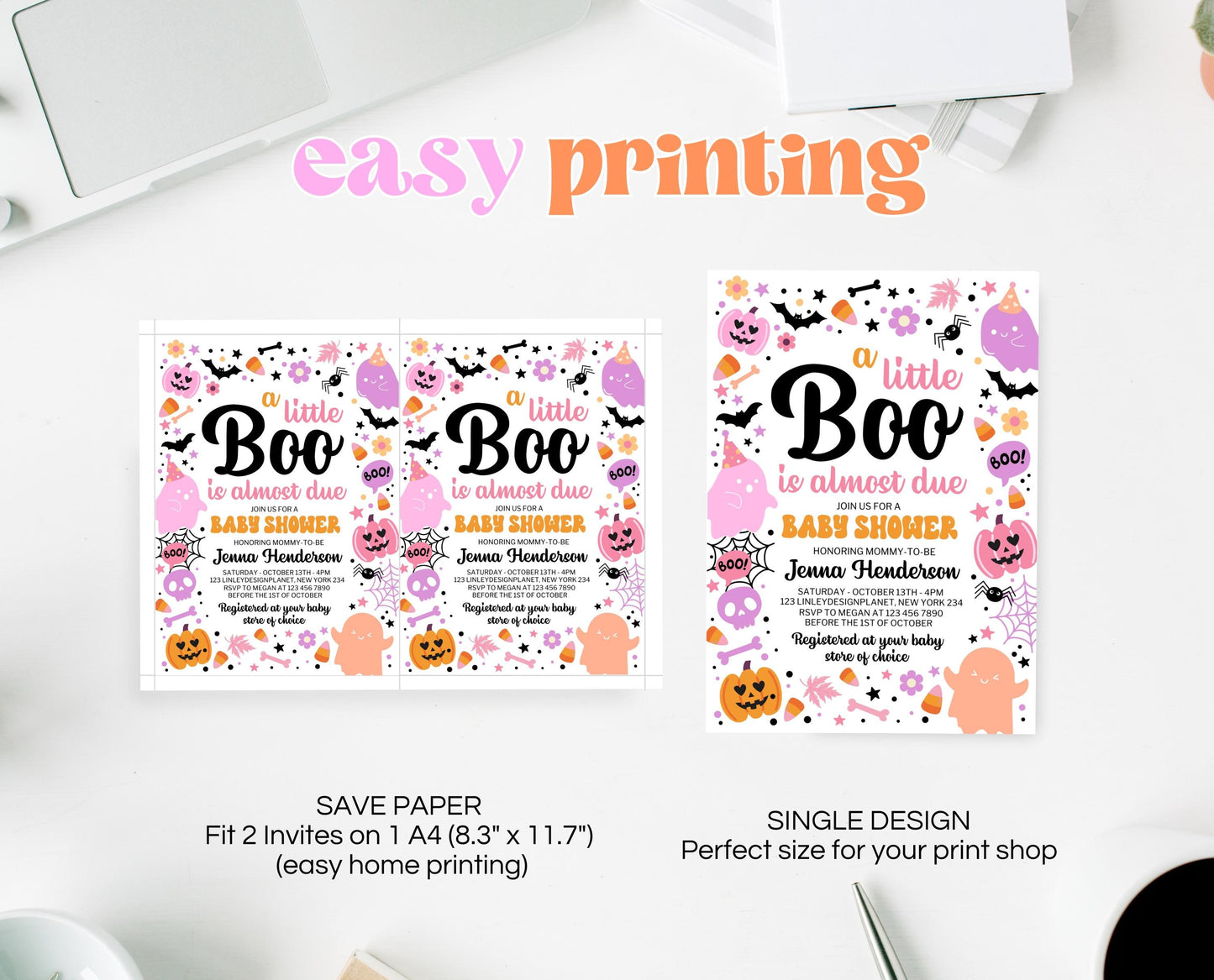 Editable Pink Halloween Baby Shower Invitation, A Little Boo Is Almost Due Baby Shower Invitation, Halloween Baby Shower Template