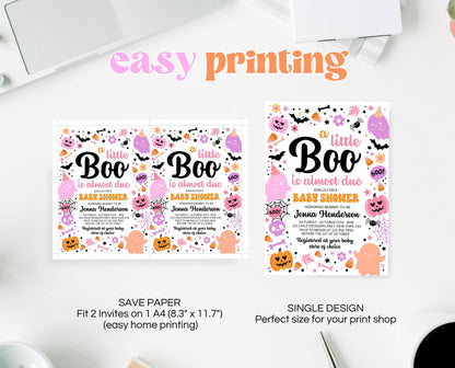 Editable Pink Halloween Baby Shower Invitation, A Little Boo Is Almost Due Baby Shower Invitation, Halloween Baby Shower Template