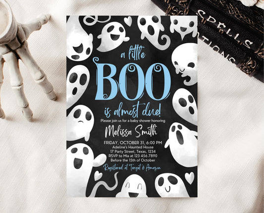 Editable Halloween Baby Shower Invitation, Blue Boy Halloween Baby Shower Invitation Template, Ghosts Little Boo Baby Shower Invite, HBSC03