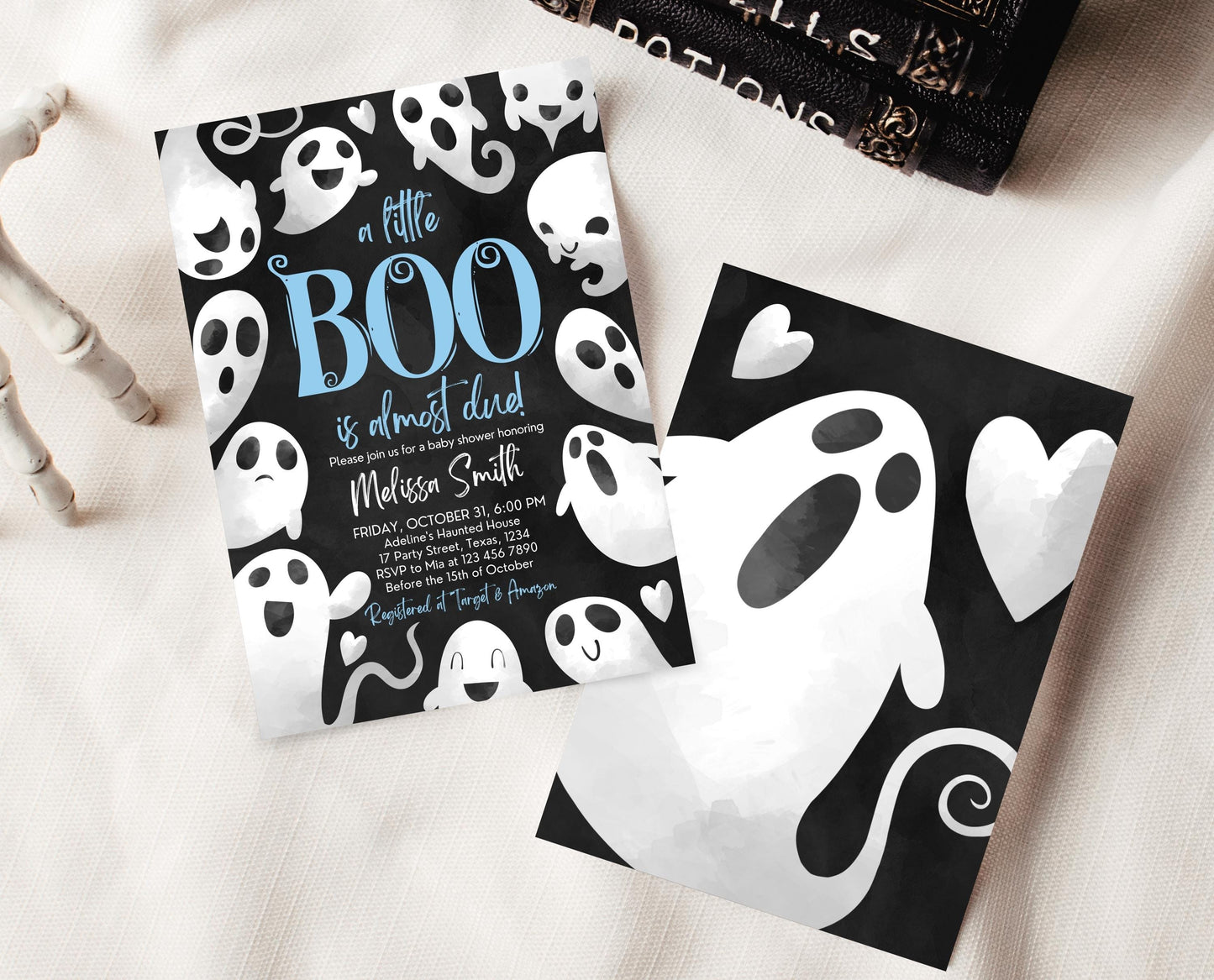 Editable Halloween Baby Shower Invitation, Blue Boy Halloween Baby Shower Invitation Template, Ghosts Little Boo Baby Shower Invite, HBSC03