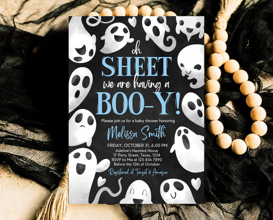 Editable Oh Sheet It's a Boo-y Baby Shower Invitation, Blue Boy Halloween Baby Shower Invitation Template, Ghosts Baby Shower Invite, HBSC03