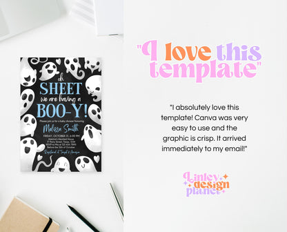Editable Oh Sheet It's a Boo-y Baby Shower Invitation, Blue Boy Halloween Baby Shower Invitation Template, Ghosts Baby Shower Invite, HBSC03