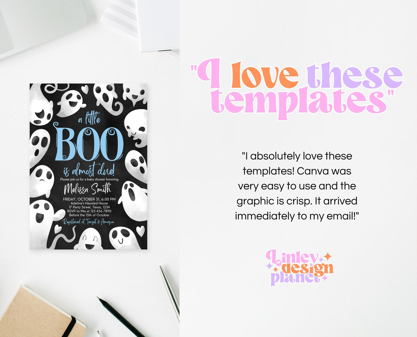 Editable Halloween Baby Shower Invitation Bundle, Blue Boy Halloween Baby Shower Invitation Set, Ghost Little Boo Baby Shower Invite, HBSC03