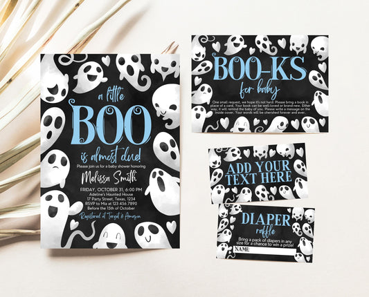 Editable Halloween Baby Shower Invitation Bundle, Blue Boy Halloween Baby Shower Invitation Set, Ghost Little Boo Baby Shower Invite, HBSC03
