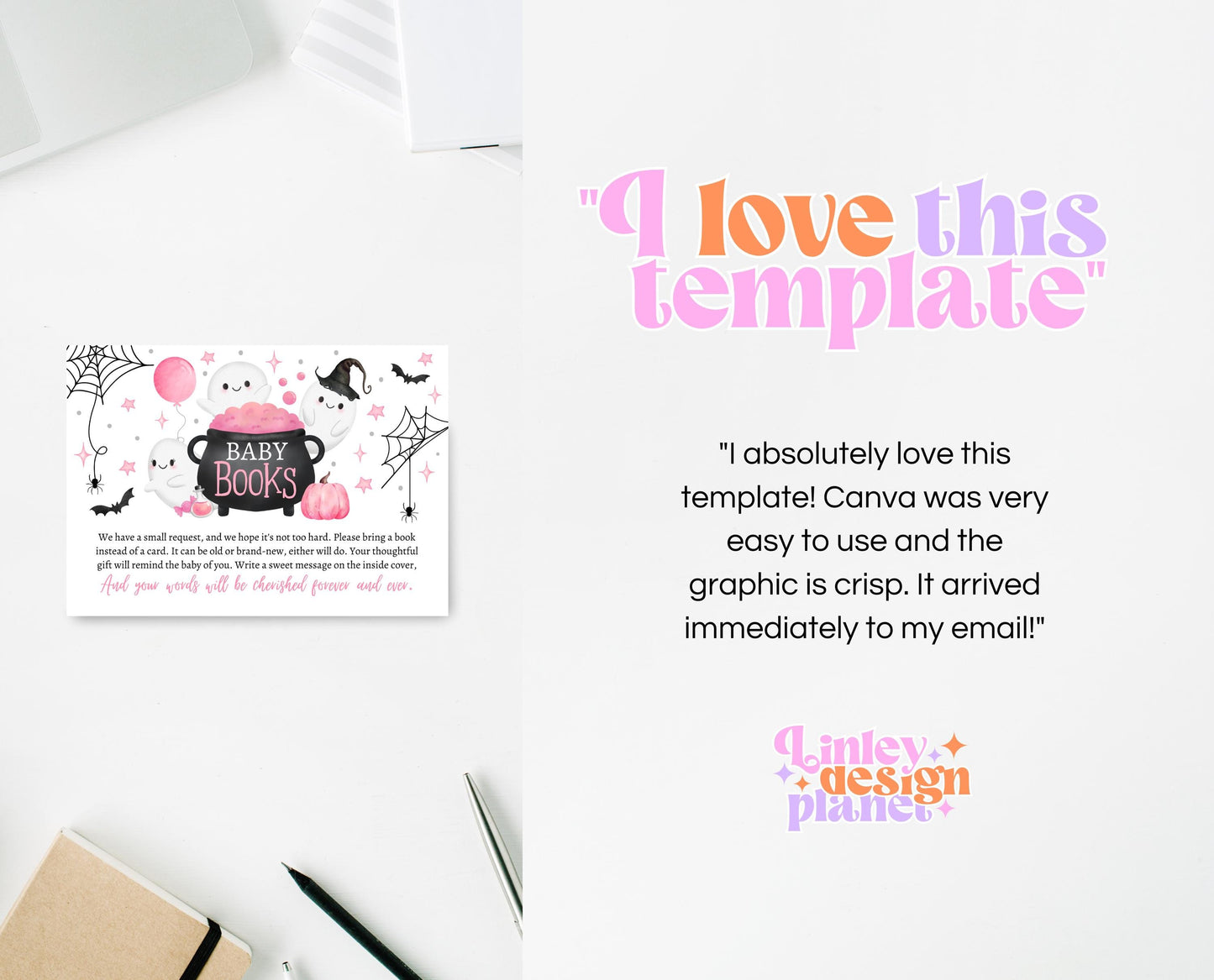 Editable Pink Halloween Baby Book Insert Card, Pink Witch Baby Shower Baby Books, Girl A Little Boo Is Almost Due Book Request Card, HBSC08