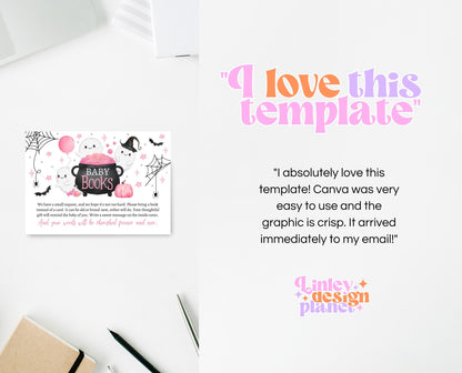 Editable Pink Halloween Baby Book Insert Card, Pink Witch Baby Shower Baby Books, Girl A Little Boo Is Almost Due Book Request Card, HBSC08