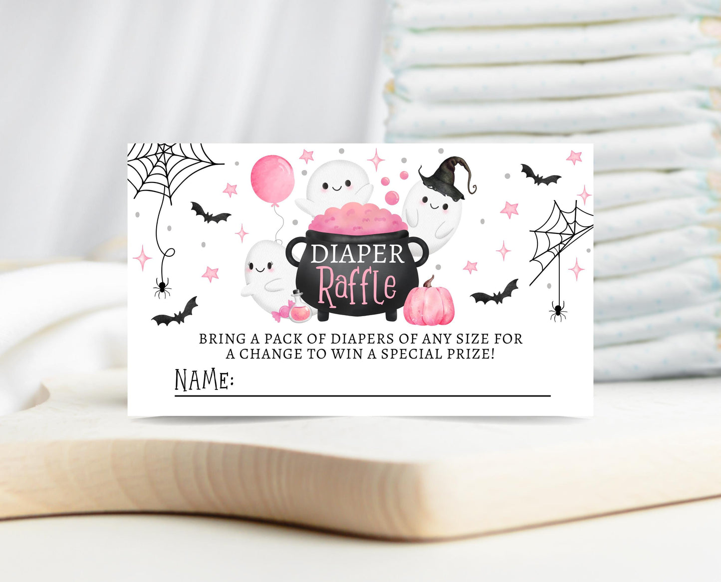 Editable Pink Halloween Baby Shower Diaper Raffle Ticket, Pink Girl Witch Baby Shower Game, A Little Boo Shower Diaper Raffle Game, HBSC08