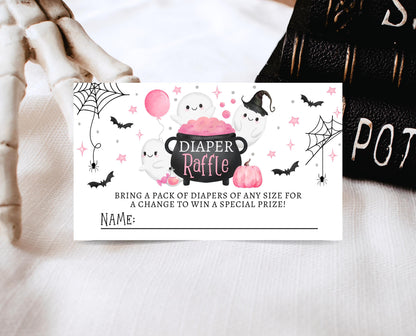 Editable Pink Halloween Baby Shower Diaper Raffle Ticket, Pink Girl Witch Baby Shower Game, A Little Boo Shower Diaper Raffle Game, HBSC08