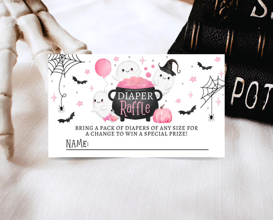 Editable Pink Halloween Baby Shower Diaper Raffle Ticket, Pink Girl Witch Baby Shower Game, A Little Boo Shower Diaper Raffle Game, HBSC08