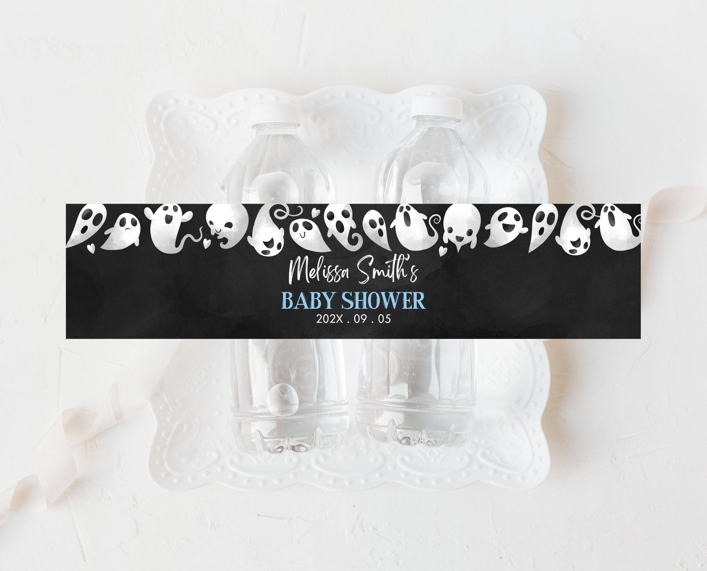 Editable Halloween Baby Shower Water Bottle Label, Boy Blue Halloween Baby Shower Bottles, A Little Boo Is Almost Due Baby Shower, HBSC03