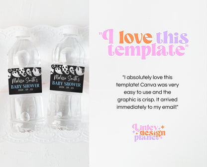 Editable Halloween Baby Shower Water Bottle Label, Boy Blue Halloween Baby Shower Bottles, A Little Boo Is Almost Due Baby Shower, HBSC03